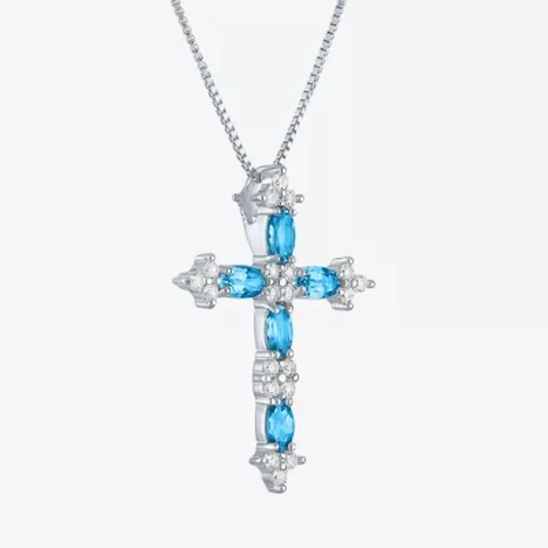 Womens Lab Created Blue Topaz Sterling Silver Cross 18 Inch Pendant Necklace
