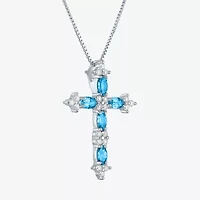 Womens Lab Created Blue Topaz Sterling Silver Cross 18 Inch Pendant Necklace