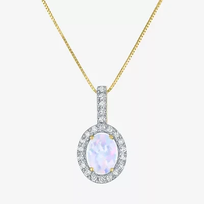 Womens Diamond Accent Lab Created White Opal 10K Gold Oval 18 Inch Pendant Necklace