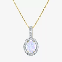Womens Diamond Accent Lab Created White Opal 10K Gold Oval 18 Inch Pendant Necklace