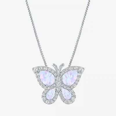 Womens Lab Created White Opal Sterling Silver Butterfly 18 Inch Pendant Necklace