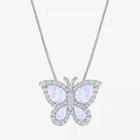Womens Lab Created White Opal Sterling Silver Butterfly 18 Inch Pendant Necklace