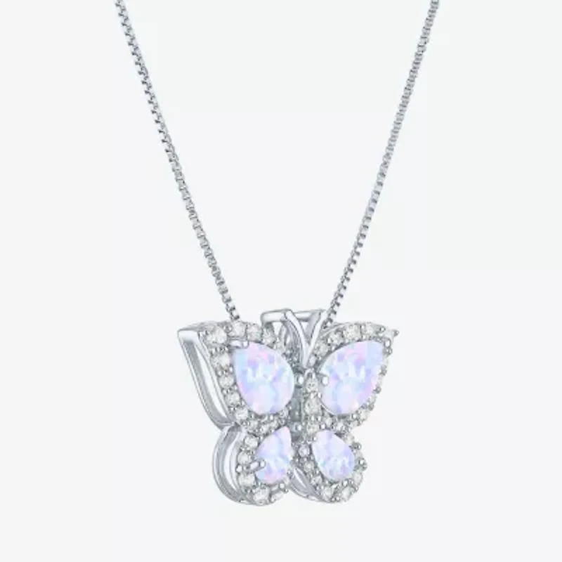 Womens Lab Created White Opal Sterling Silver Butterfly 18 Inch Pendant Necklace