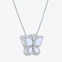 Womens Lab Created White Opal Sterling Silver Butterfly 18 Inch Pendant Necklace