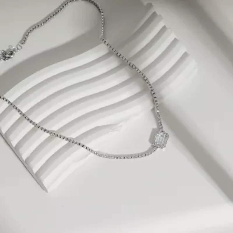 Diamonart Womens White Cubic Zirconia Sterling Silver 16 Inch Tennis Necklace