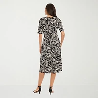 London Times Womens Short Sleeve Floral Midi Fit + Flare Dress