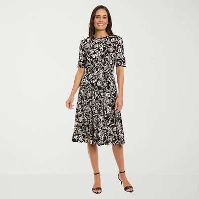 London Times Womens Short Sleeve Floral Midi Fit + Flare Dress