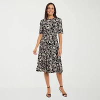 London Times Womens Short Sleeve Floral Midi Fit + Flare Dress