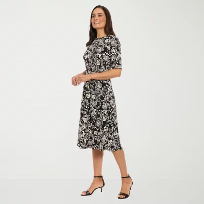 London Times Womens Short Sleeve Floral Midi Fit + Flare Dress