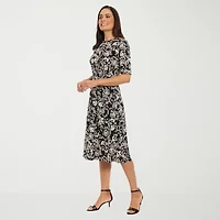London Times Womens Short Sleeve Floral Midi Fit + Flare Dress