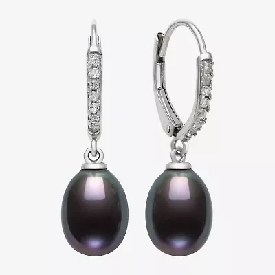 Womens Black Cultured Freshwater Pearl Sterling Silver Drop Earrings