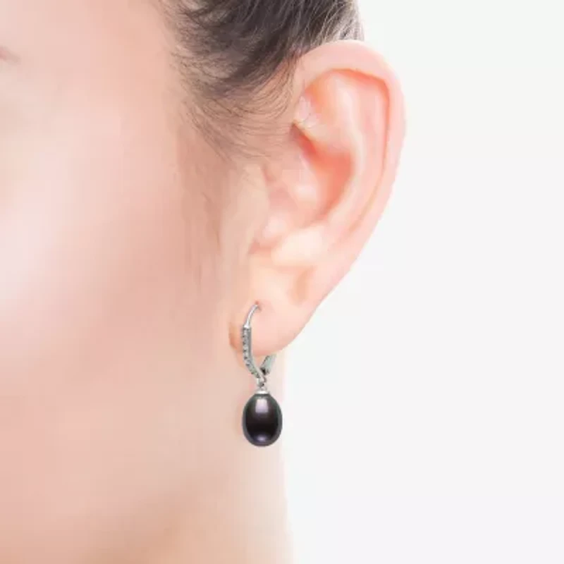 Womens Black Cultured Freshwater Pearl Sterling Silver Drop Earrings