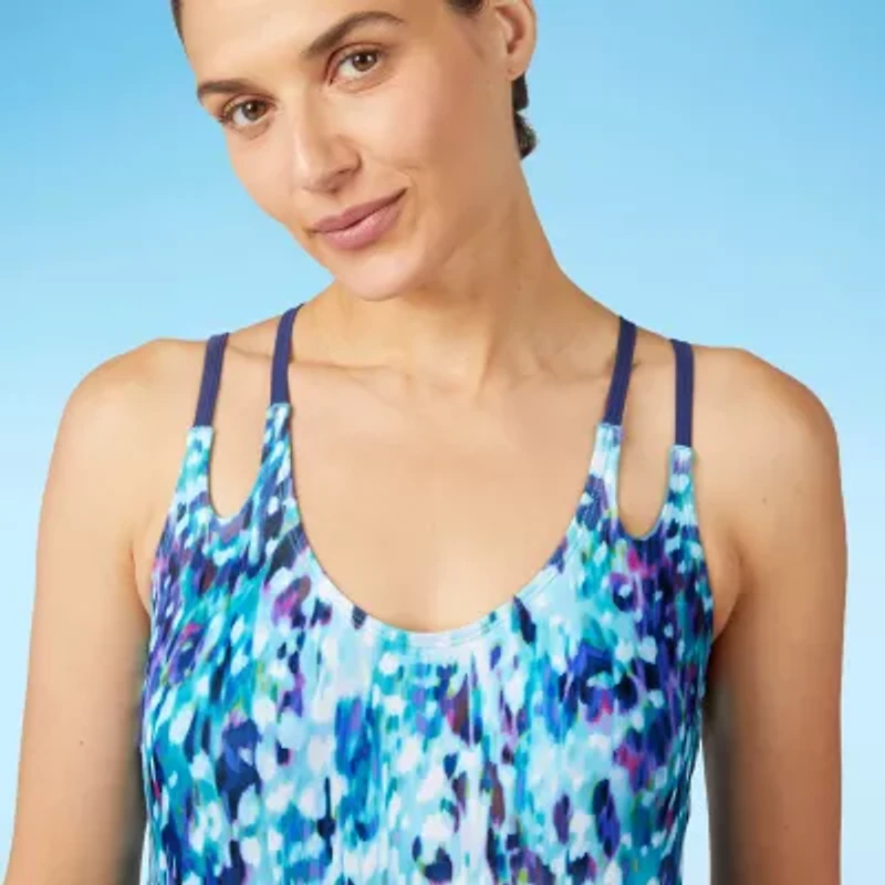 Free Country Womens Adjustable Straps Built Bra Abstract Blouson Swimsuit Top