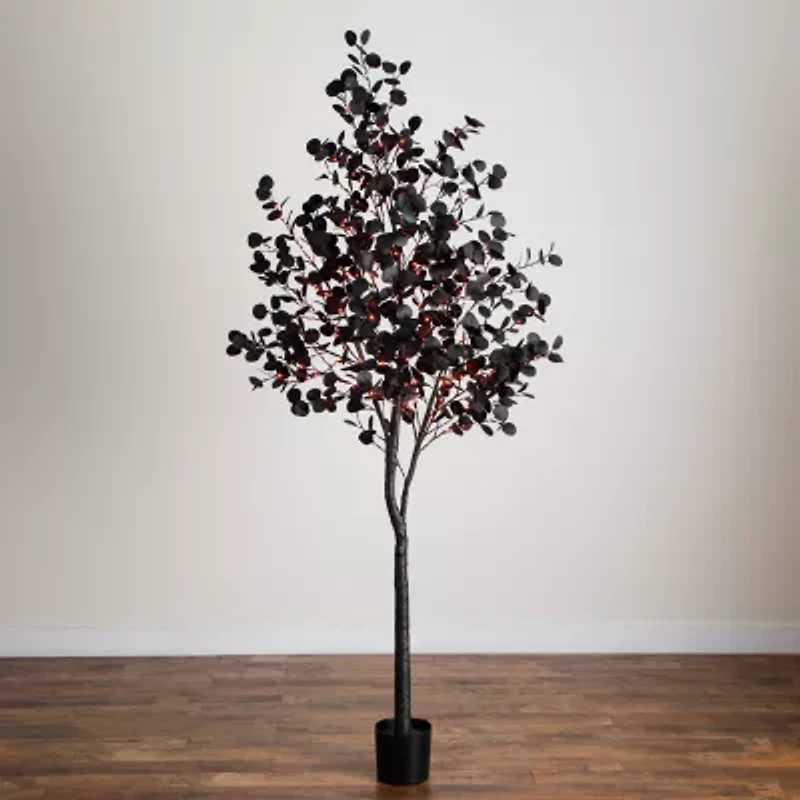 Nearly Natural 8ft Pre-Lit Black Eucalyptus Lighted Indoor Artificial Tree