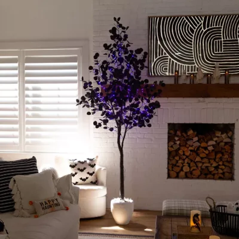 Nearly Natural 8ft Pre-Lit Black Eucalyptus Lighted Indoor Artificial Tree