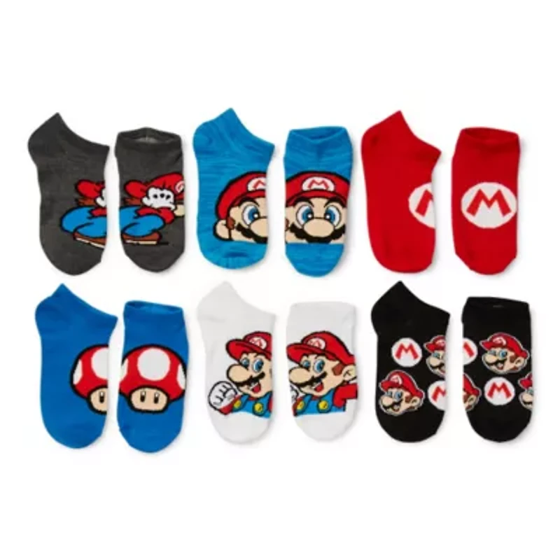 Big Kid Boys Multi-Pack 6 Pair Super Mario No Show Socks