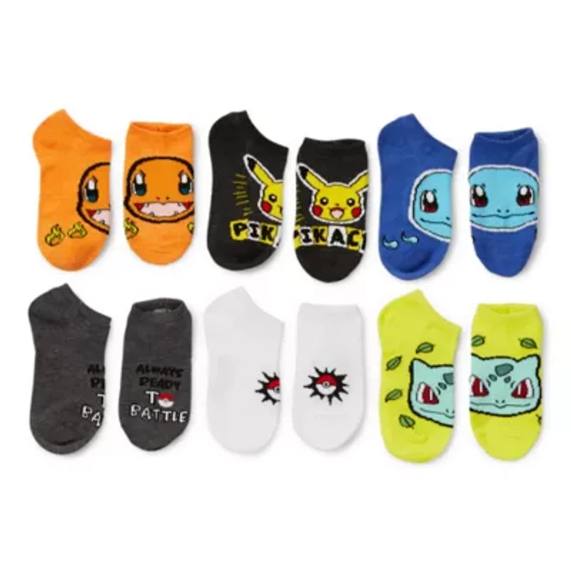 Big Kid Boys Multi-Pack 6 Pair Pokeman No Show Socks
