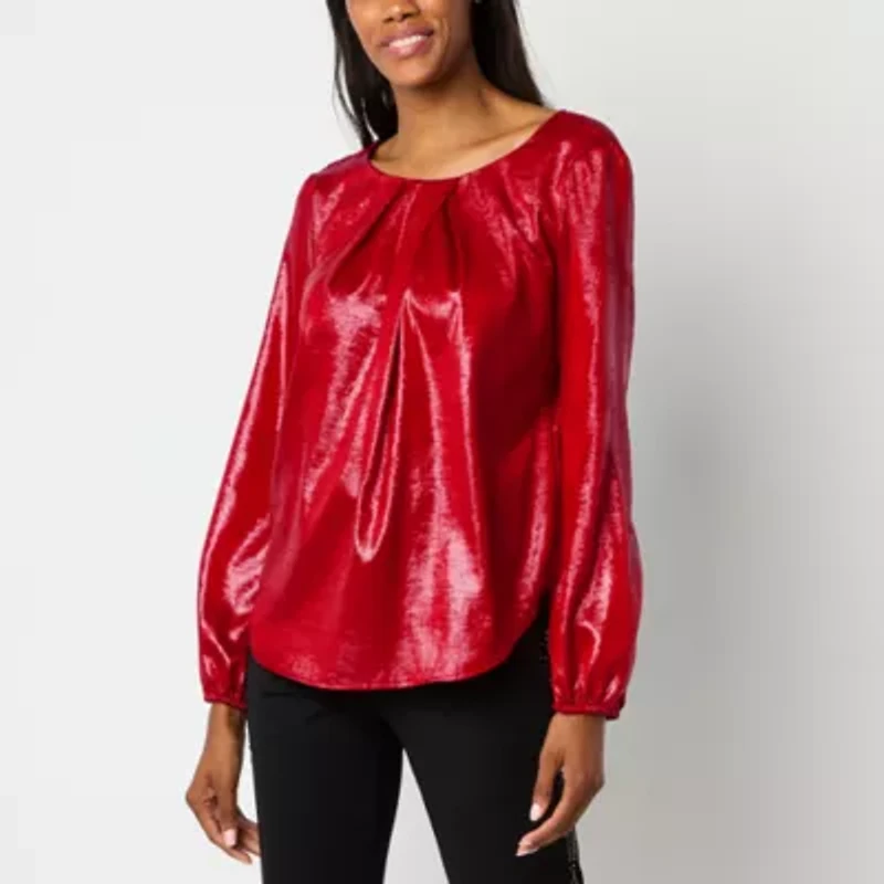 Liz Claiborne Womens Round Neck Long Sleeve Satin Blouse
