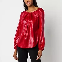 Liz Claiborne Womens Round Neck Long Sleeve Satin Blouse