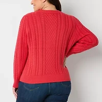 St. John's Bay Plus Womens Crew Neck Long Sleeve Striped Cable Knit Pullover Sweater