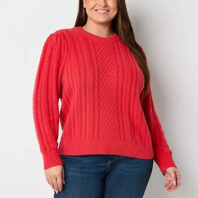 St. John's Bay Plus Womens Crew Neck Long Sleeve Striped Cable Knit Pullover Sweater