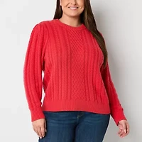 St. John's Bay Plus Womens Crew Neck Long Sleeve Striped Cable Knit Pullover Sweater