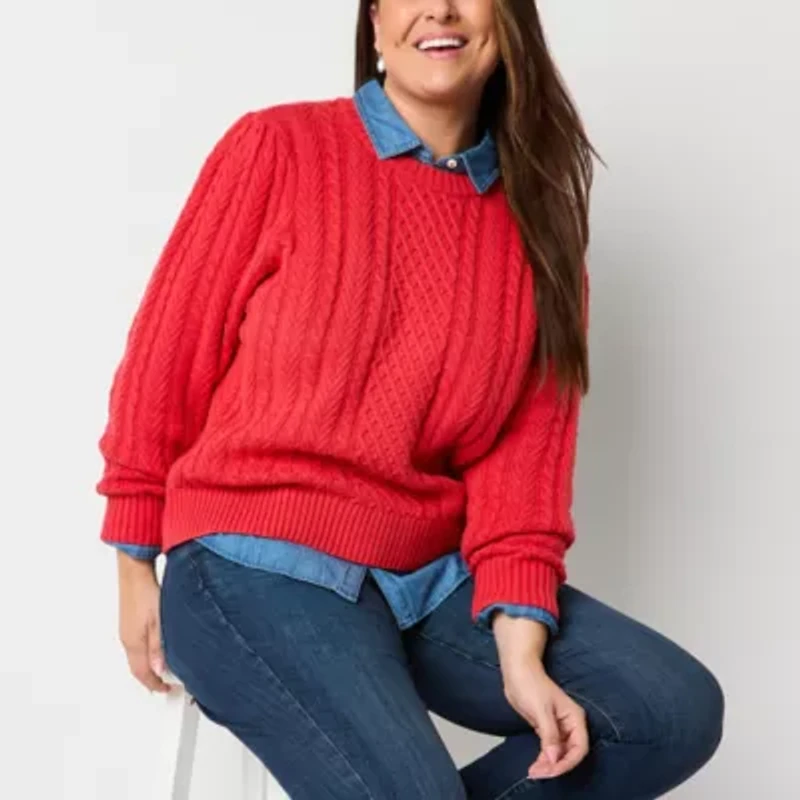 St. John's Bay Plus Womens Crew Neck Long Sleeve Striped Cable Knit Pullover Sweater