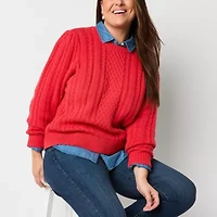 St. John's Bay Plus Womens Crew Neck Long Sleeve Striped Cable Knit Pullover Sweater