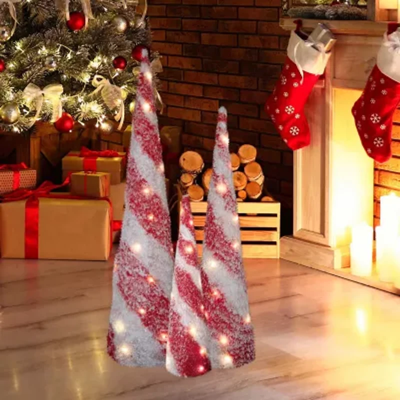 Northlight Led Lighted Snow Candy Cane Cone Trees 3-pc. Lighted Christmas Tabletop Decor