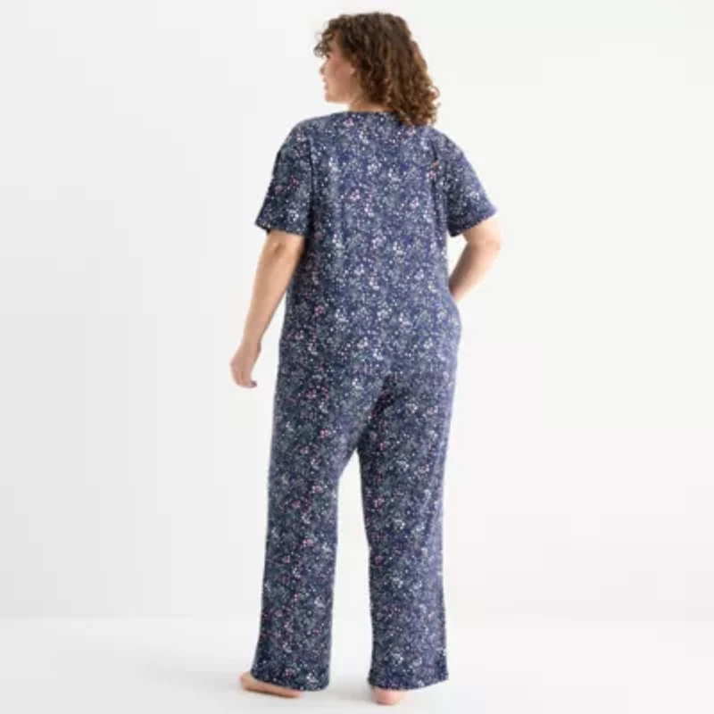 Jaclyn Womens Round Neck Short Sleeve 2-pc. Plus Pajama Sets
