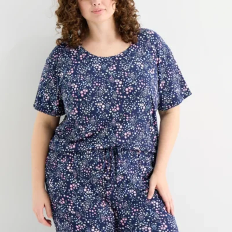 Jaclyn Womens Round Neck Short Sleeve 2-pc. Plus Pajama Sets