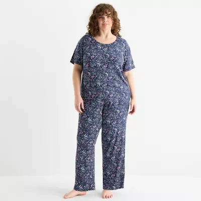 Jaclyn Womens Round Neck Short Sleeve 2-pc. Plus Pajama Sets