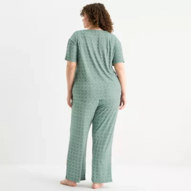 Jaclyn Womens Round Neck Short Sleeve 2-pc. Plus Pajama Sets