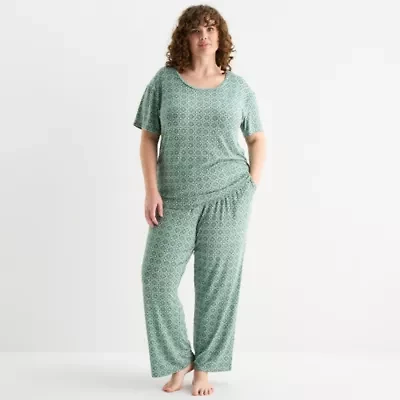 Jaclyn Womens Round Neck Short Sleeve 2-pc. Plus Pajama Sets