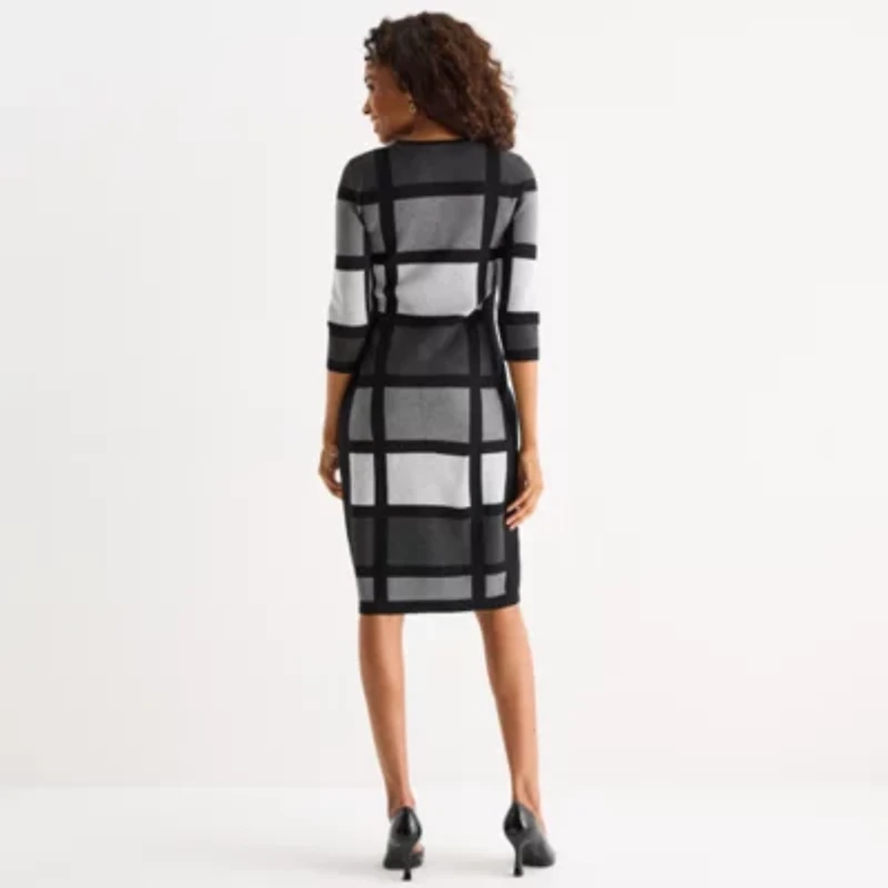 Danny & Nicole Womens 3/4 Sleeve Windowpane Sweater Dress