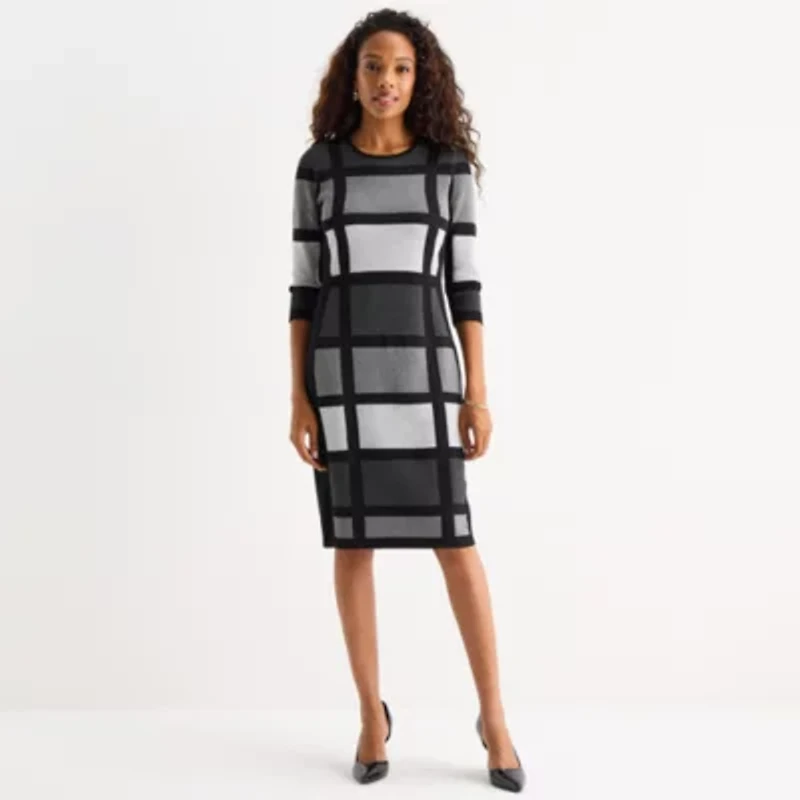 Danny & Nicole Womens 3/4 Sleeve Windowpane Sweater Dress