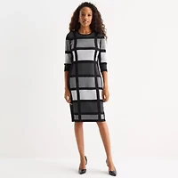 Danny & Nicole Womens 3/4 Sleeve Windowpane Sweater Dress