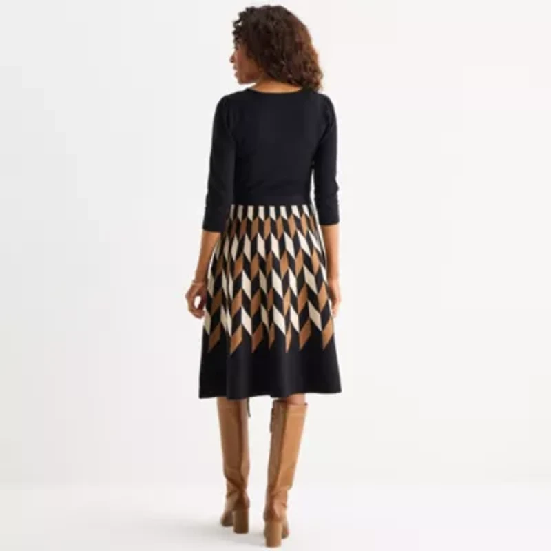 Danny & Nicole Womens 3/4 Sleeve Belted Geometric Sweater Dress