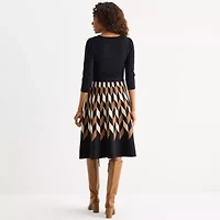 Danny & Nicole Womens 3/4 Sleeve Belted Geometric Sweater Dress