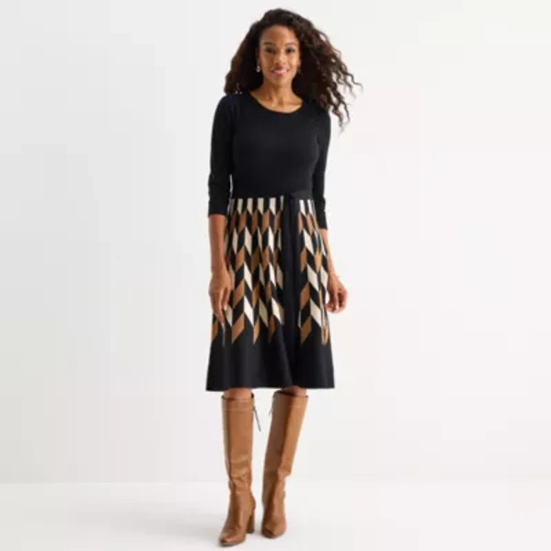 Danny & Nicole Womens 3/4 Sleeve Belted Geometric Sweater Dress