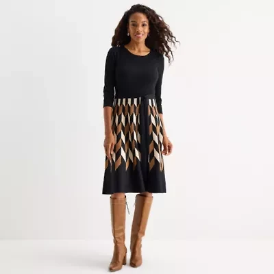 Danny & Nicole Womens 3/4 Sleeve Belted Geometric Sweater Dress