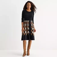 Danny & Nicole Womens 3/4 Sleeve Belted Geometric Sweater Dress