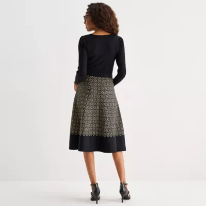Danny & Nicole Womens Long Sleeve Belted Geometric Sweater Dress