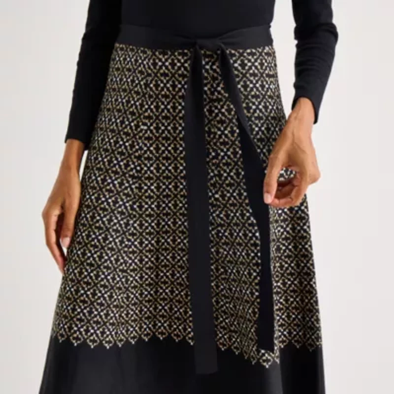 Danny & Nicole Womens Long Sleeve Belted Geometric Sweater Dress