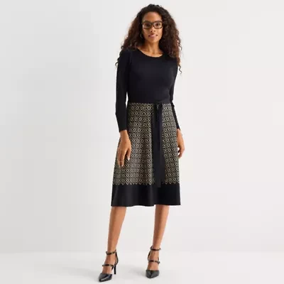 Danny & Nicole Womens Long Sleeve Belted Geometric Sweater Dress