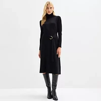 Maia Womens Long Sleeve Belted Midi Sweater Dress