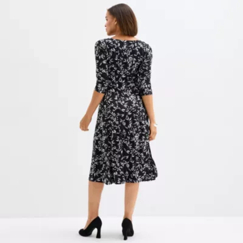 Perceptions Womens 3/4 Sleeve Floral Midi Fit + Flare Dress