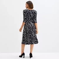 Perceptions Womens 3/4 Sleeve Floral Midi Fit + Flare Dress