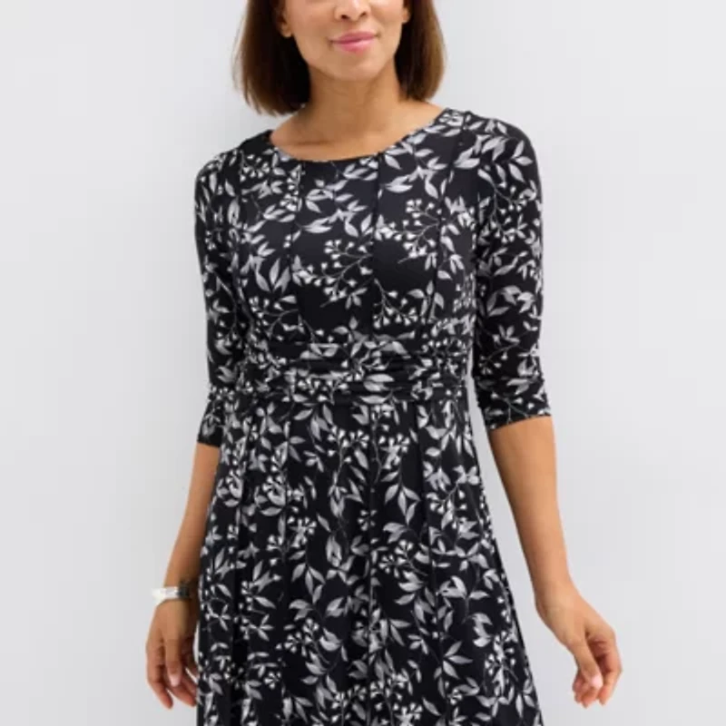 Perceptions Womens 3/4 Sleeve Floral Midi Fit + Flare Dress