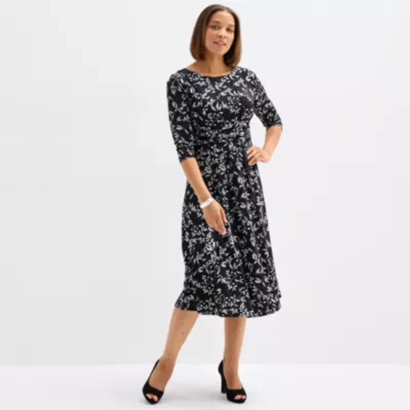 Perceptions Womens 3/4 Sleeve Floral Midi Fit + Flare Dress